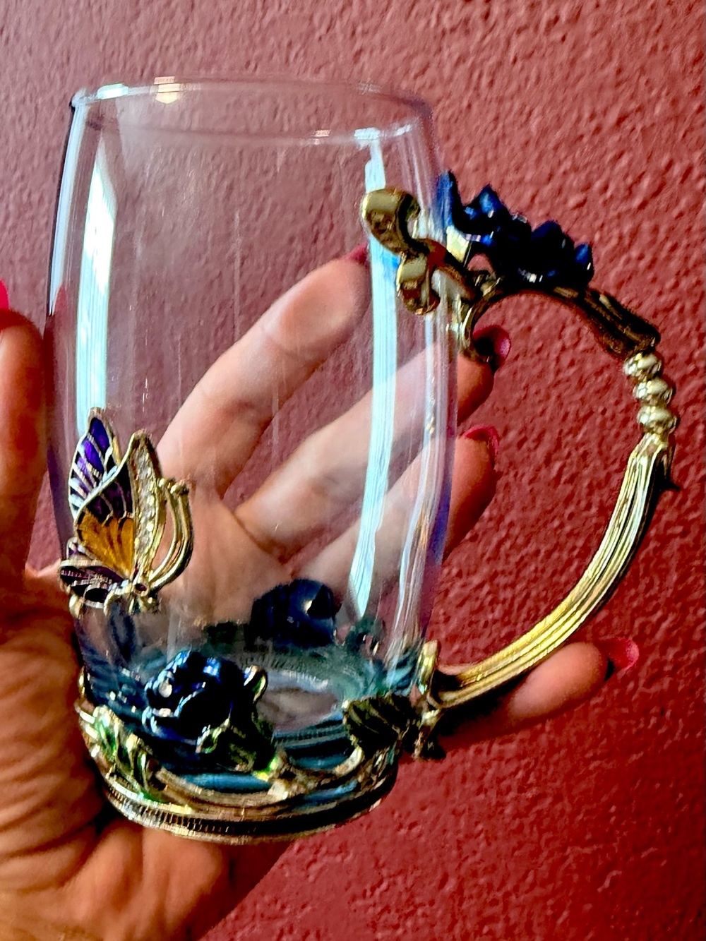 Ornate Blue & Gold Butterfly Glass Mug - Decorative Home Accent